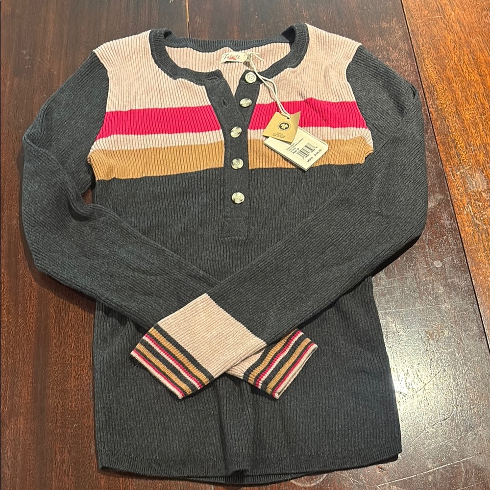 Faherty Charcoal Grey Long Sleeve Sweater with Striped Yoke